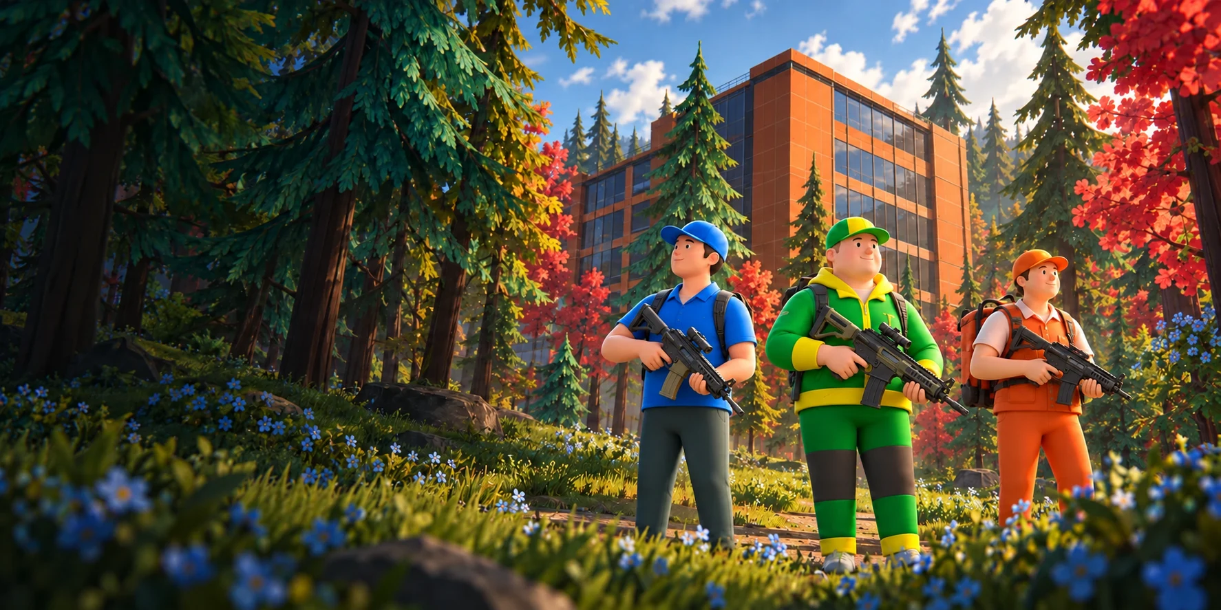 The blue, green and orange Wire Crew holding rifles beside the district’s orange buildings and colorful forest