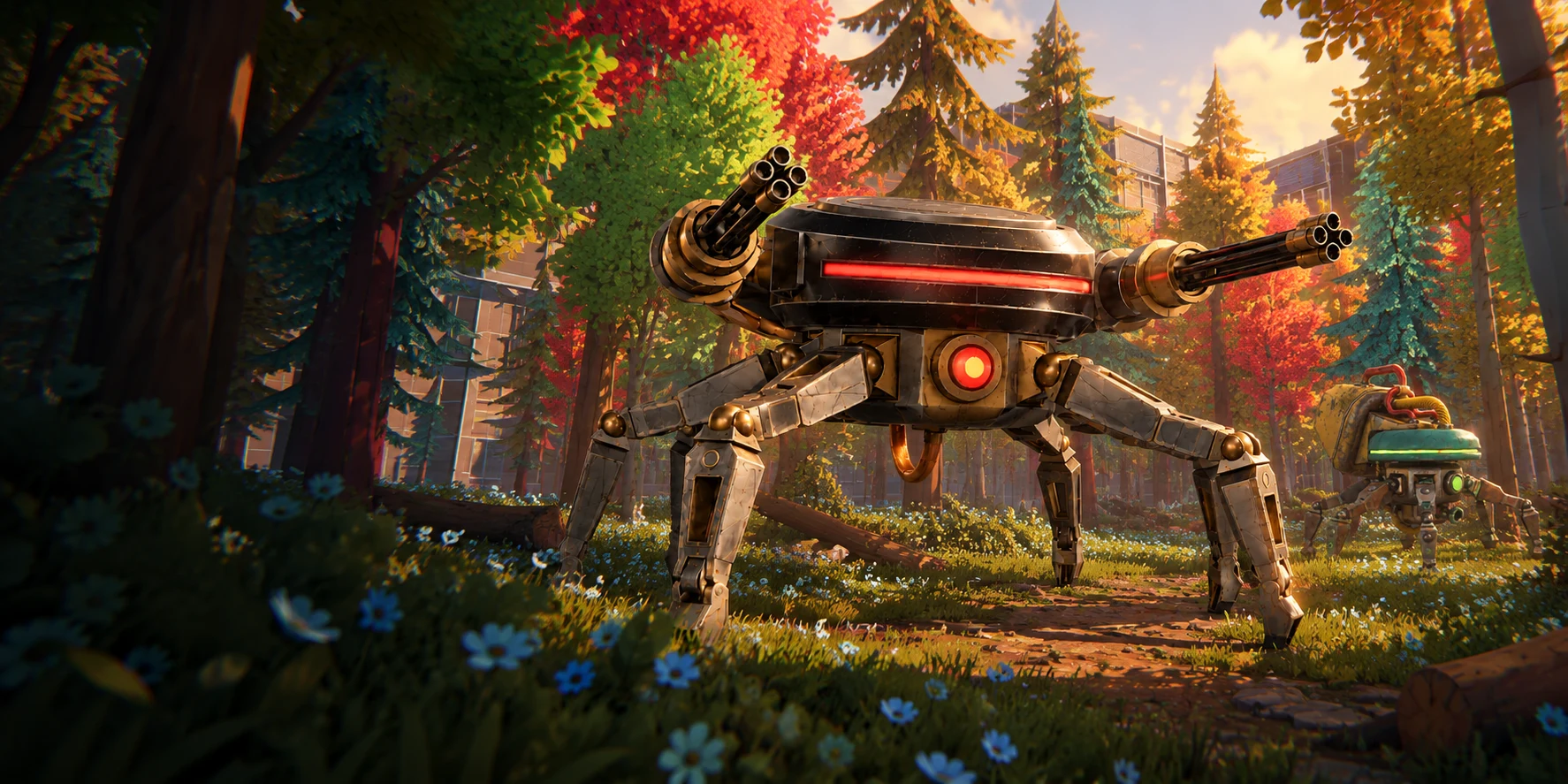 Suppressor, the original red-visored industrial spider design staged in the colorful forest district
