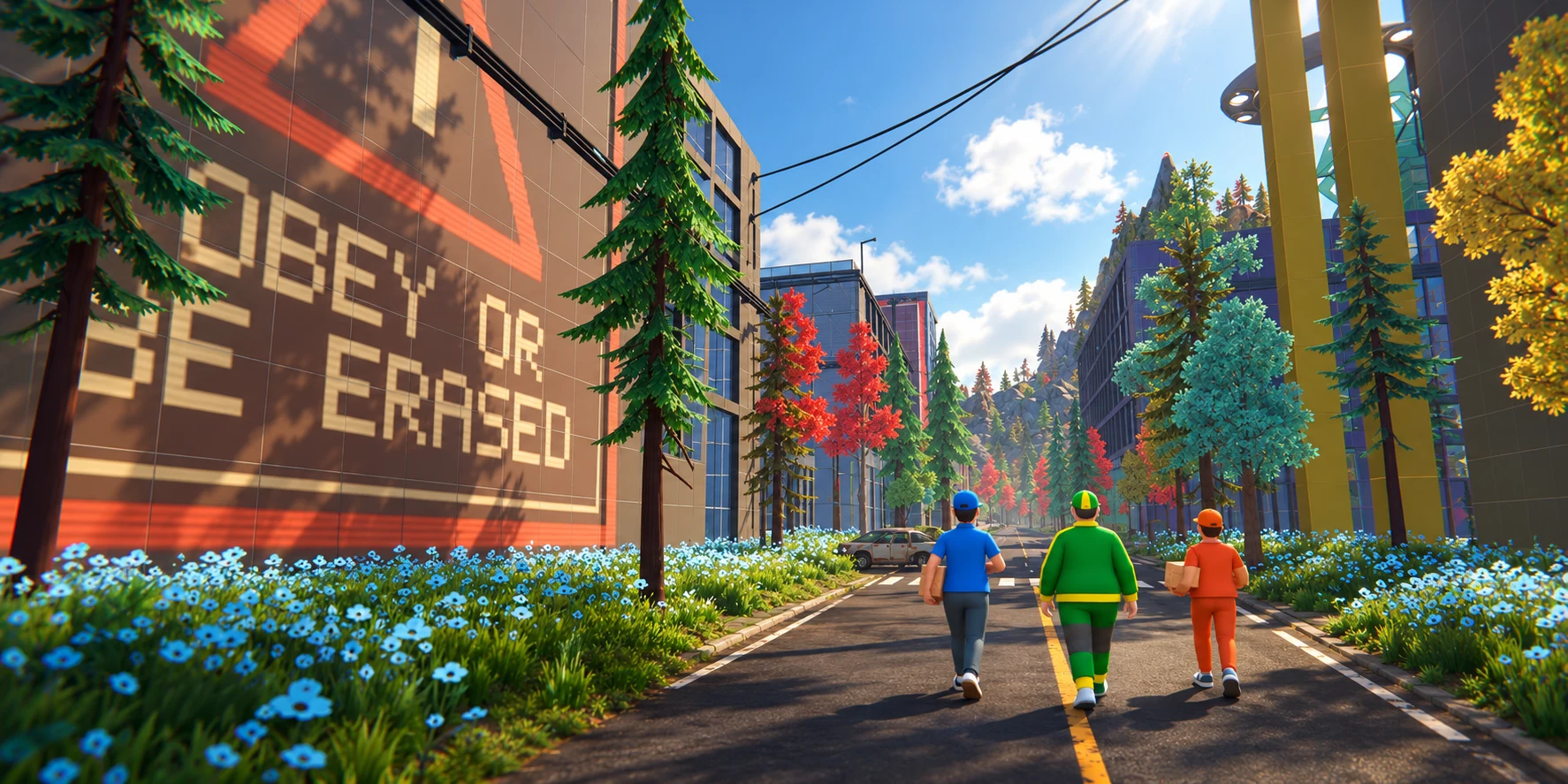 Three workers walking the familiar district street between clean block buildings and blue flowers