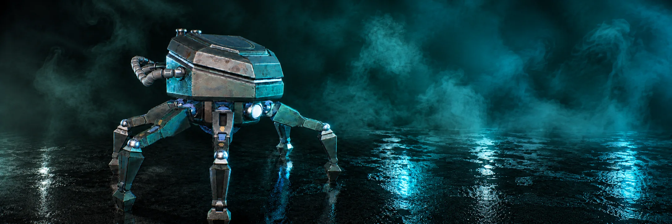 Executor, the armored blue boss with side tubes and a glowing cyan core against blue smoke