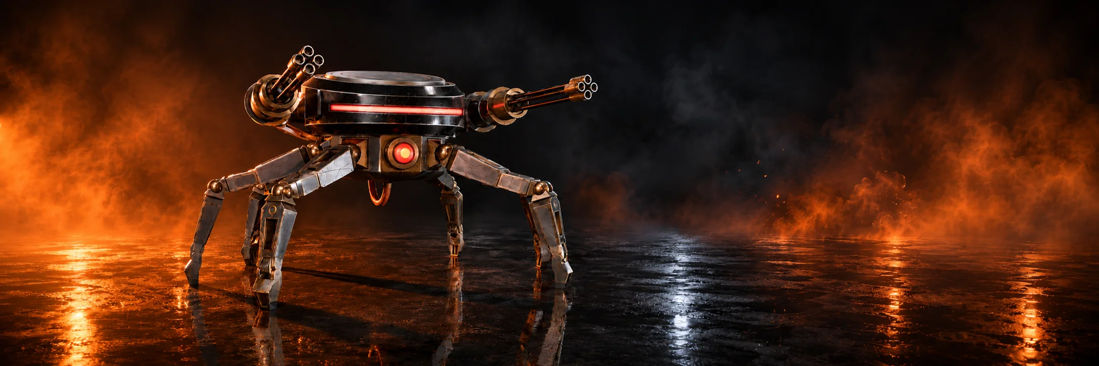 Suppressor, the red-visored boss with twin rotary guns against a fiery background