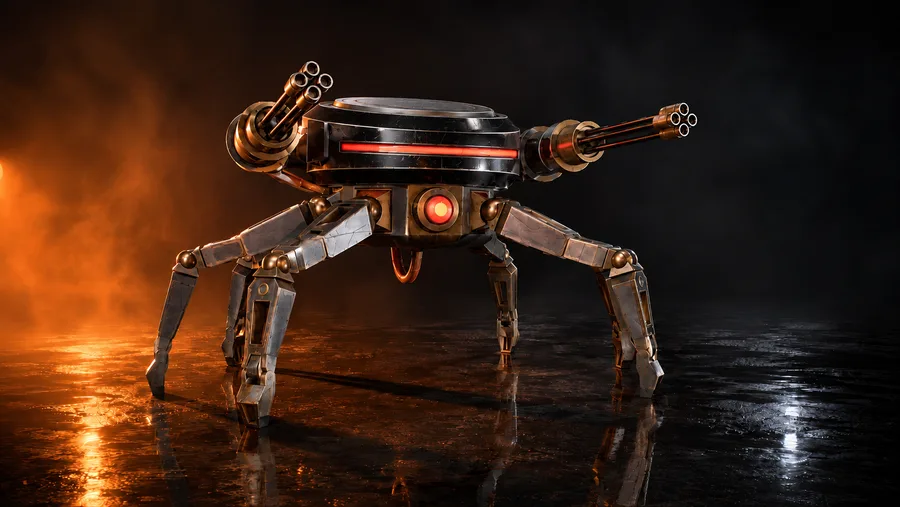 An armored DUSTWIRE boss with twin rotary guns and a glowing red visor