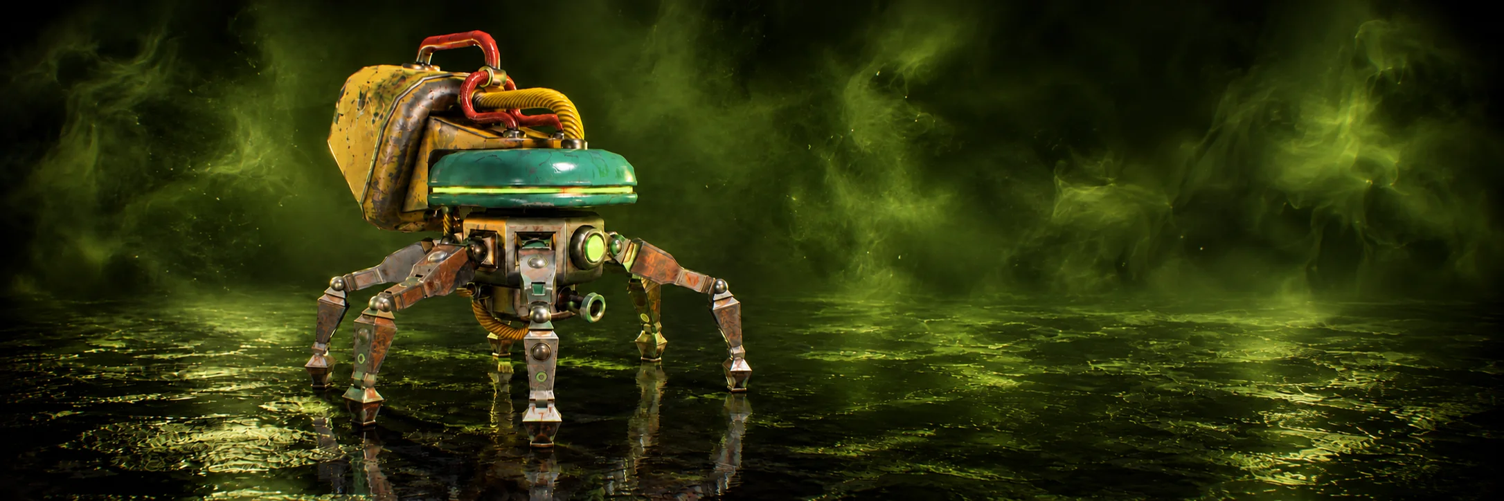 Purger, the green-visored boss with a yellow tank and red hoses against green smoke