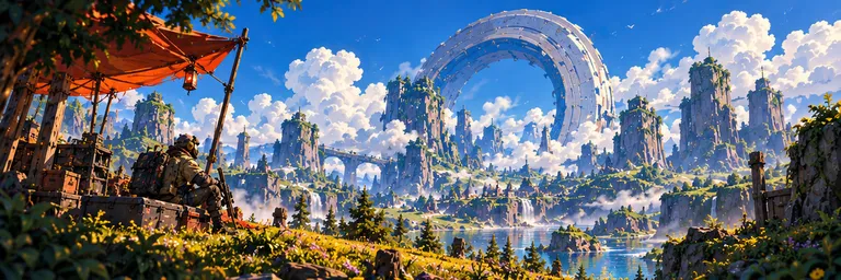 A monumental ring rising above a sunlit, green valley