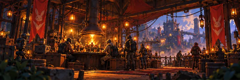 Travelers gathered in a warm, lantern-lit workshop