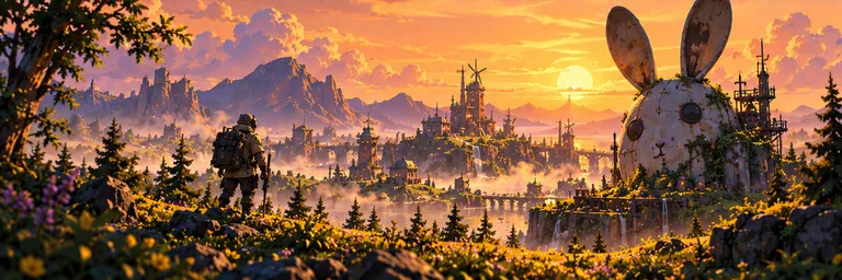A rabbit-eared landmark in a golden sunset meadow